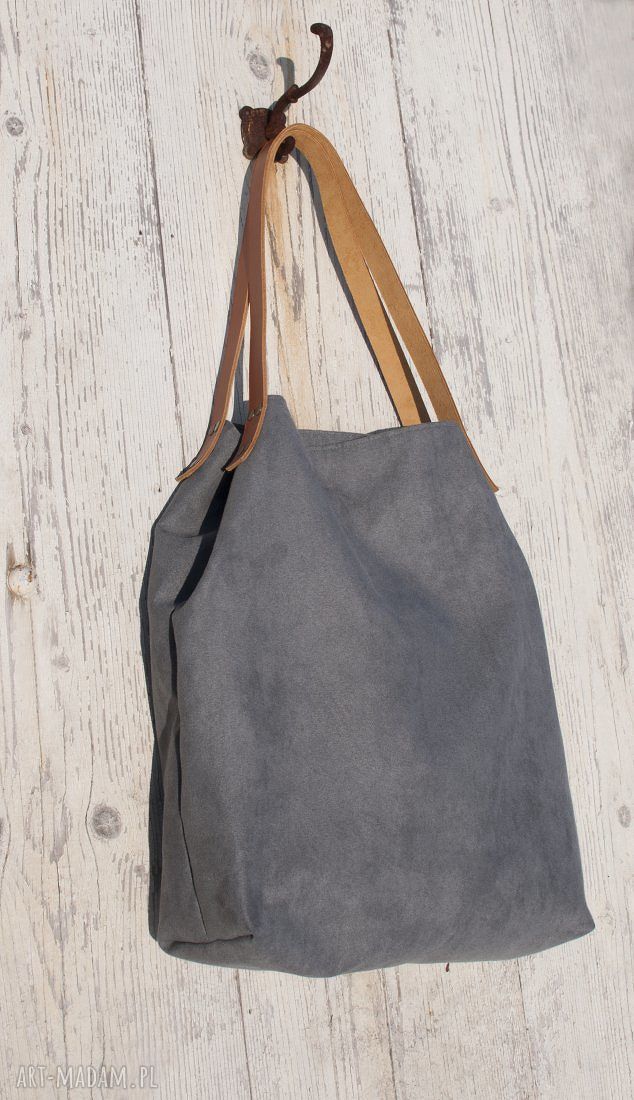 Torba tote XXL ciemnoszara na ramię - alcantra i skórzane uchwyty