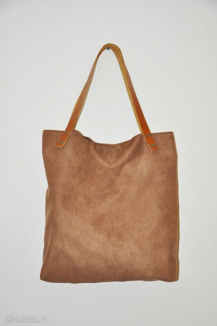 Torebka tote XXL karmel na ramię ze skóry i zamszu syntetycznego