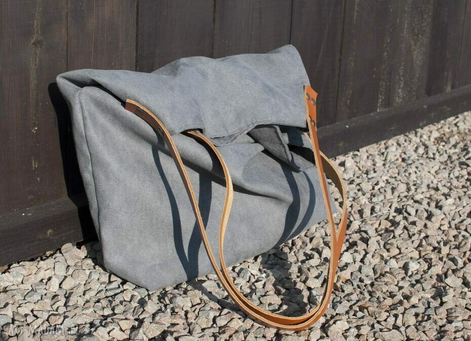 Torba tote XXL ciemnoszara na ramię - alcantra i skórzane uchwyty