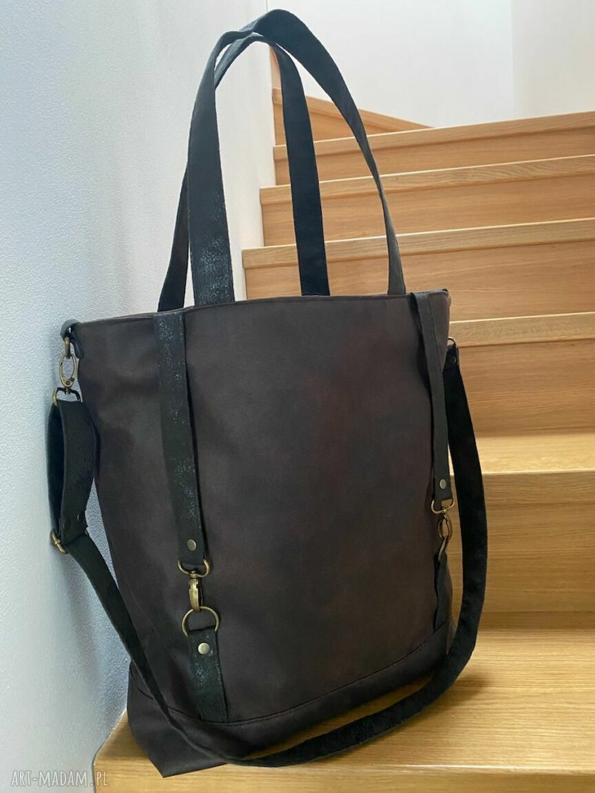 Torba tote XXL na ramię - brązowa wegańska z nubuku syntetycznego (mieści A4)