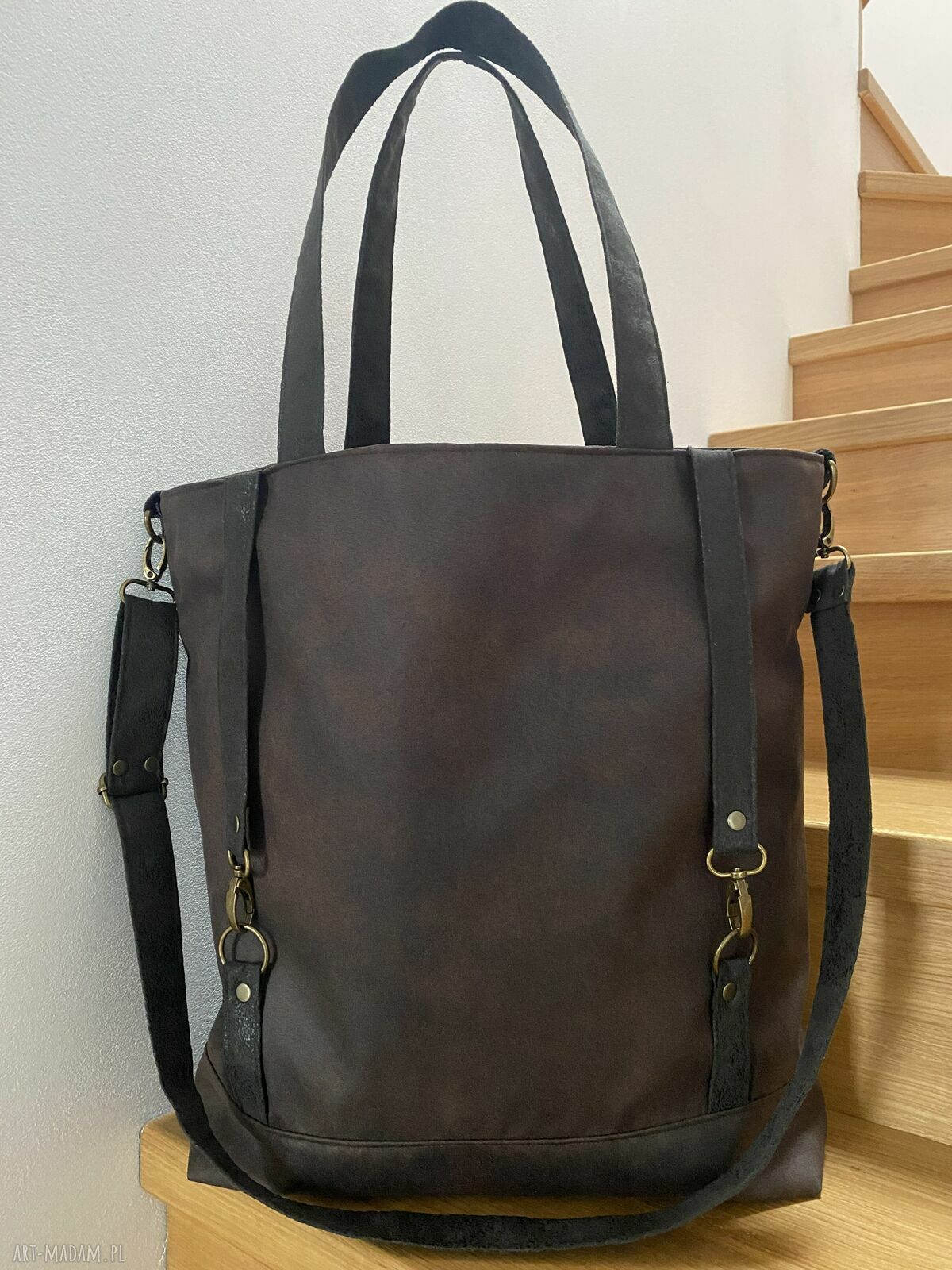 Torba tote XXL ciemny brąz - handmade na ramię, wegańska