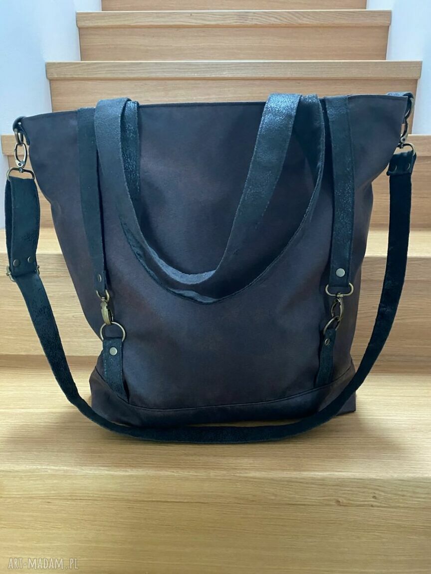 Torba tote XXL na ramię - brązowa wegańska z nubuku syntetycznego (mieści A4)