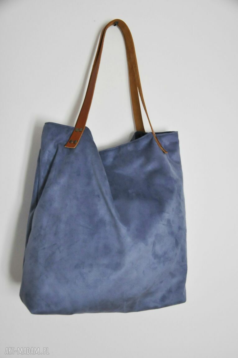 Torba tote XXL na ramię - szaroniebieska Alcantara i skórzane uszy