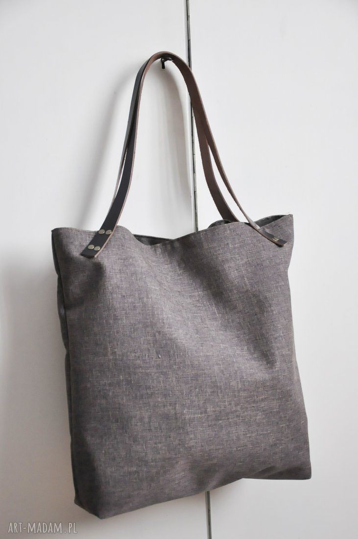 Torba tote XXL na ramię - brązowe płótno i skóra naturalna
