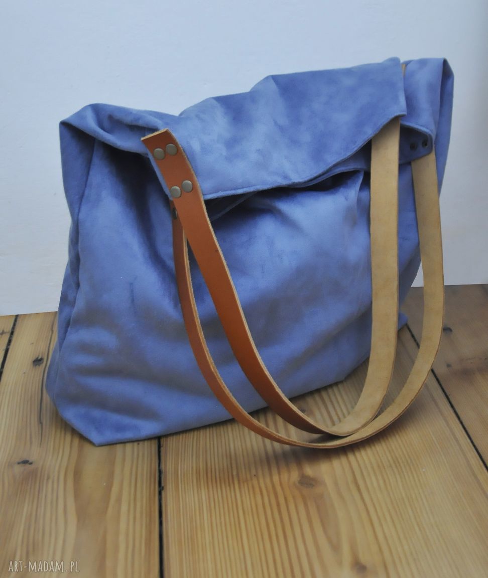 Torba tote XXL na ramię - szaroniebieska Alcantara i skórzane uszy