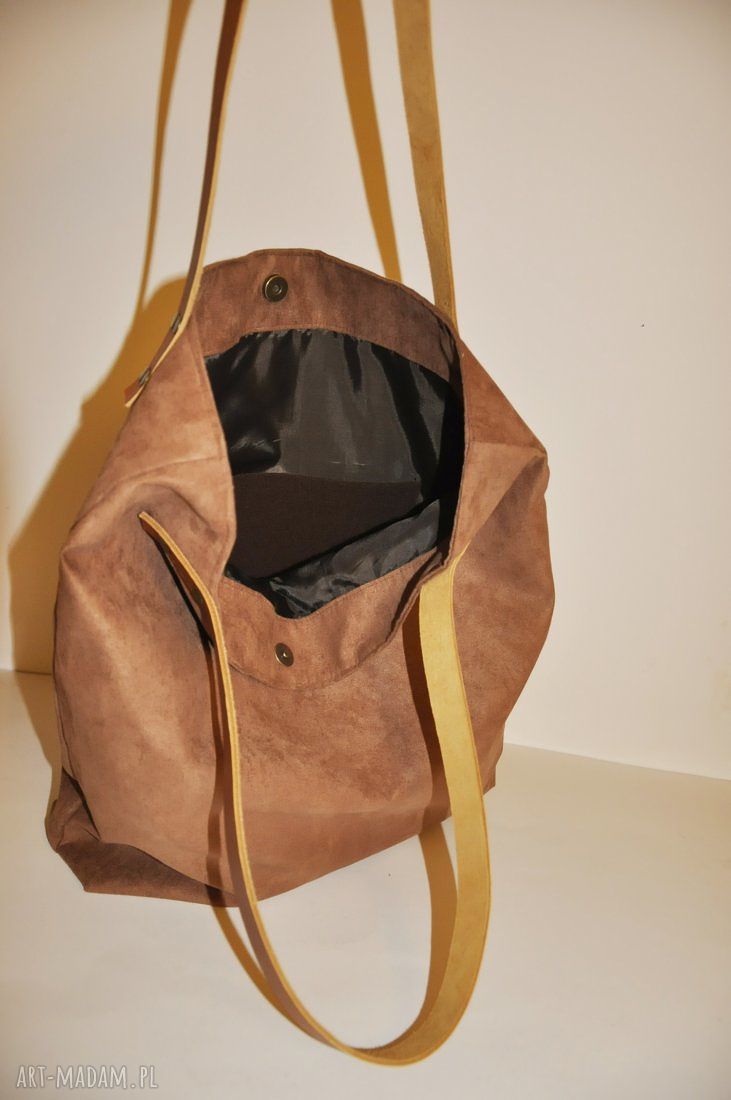 Torebka tote XXL karmel na ramię ze skóry i zamszu syntetycznego