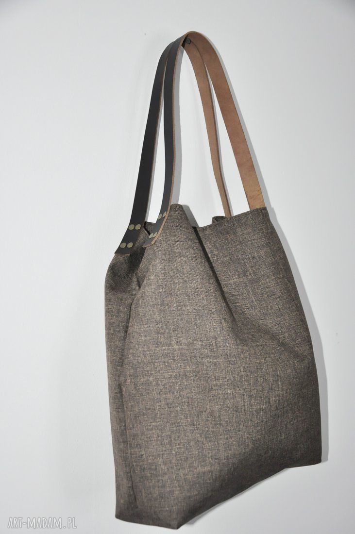 Torba tote XXL na ramię - brązowe płótno i skóra naturalna