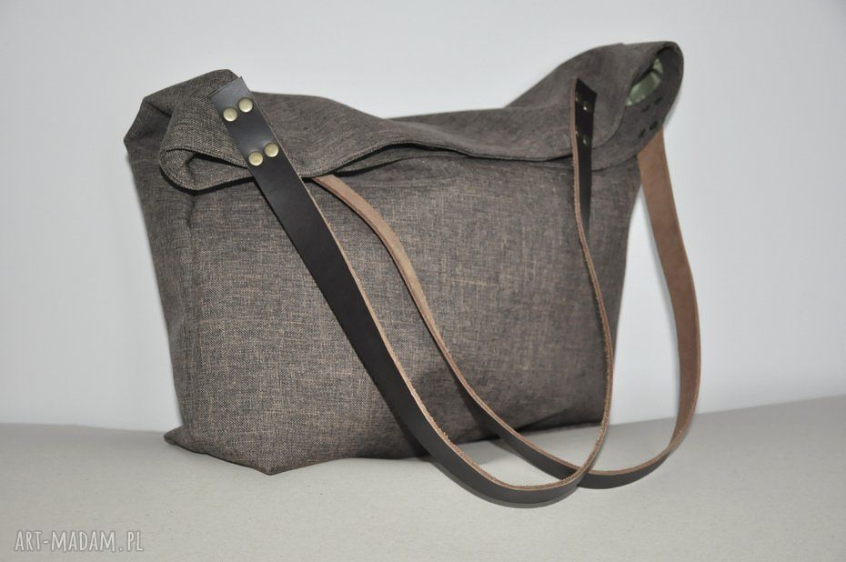 Torba tote XXL na ramię - brązowe płótno i skóra naturalna