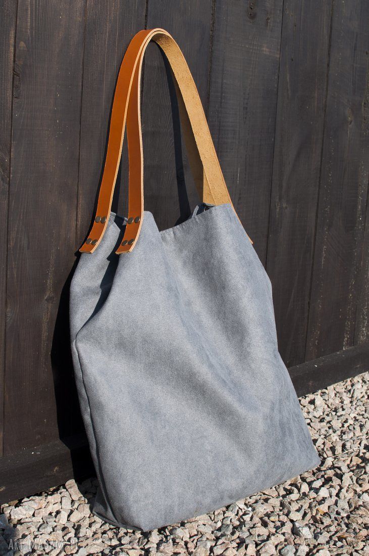 Torba tote XXL ciemnoszara na ramię - alcantra i skórzane uchwyty