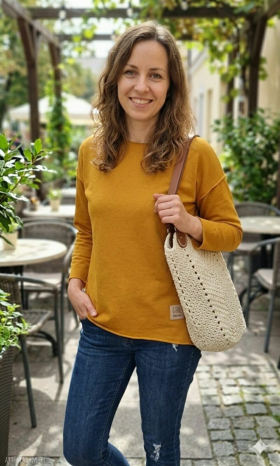 Torba Tulipan handmade do ręki - sznurek poliestrowy i naturalna skóra