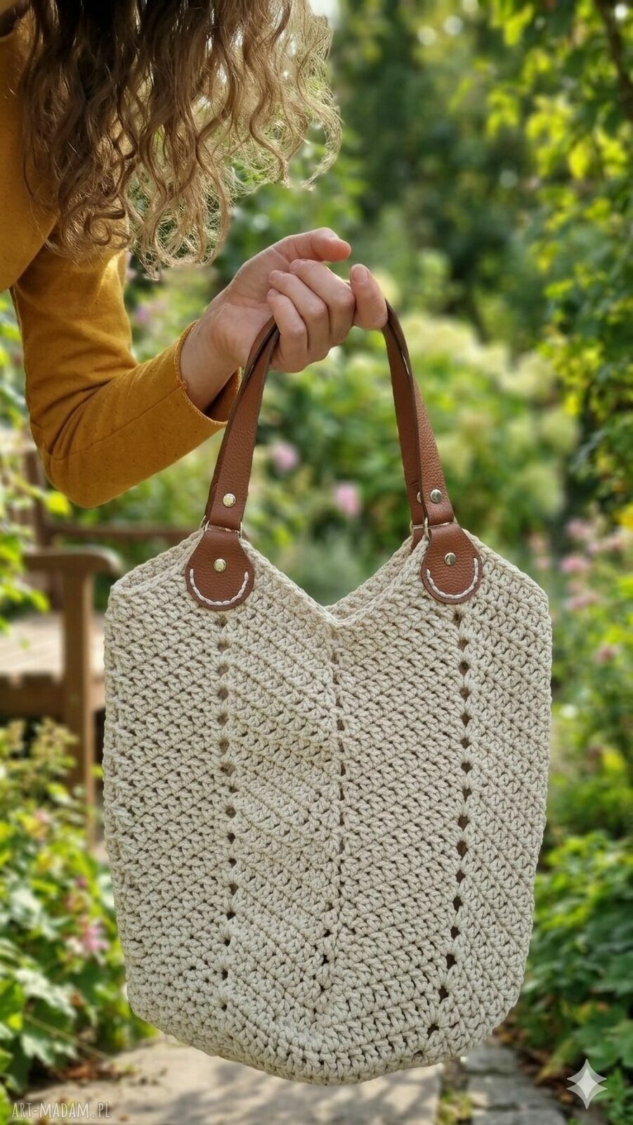Torba Tulipan handmade do ręki - sznurek poliestrowy i naturalna skóra