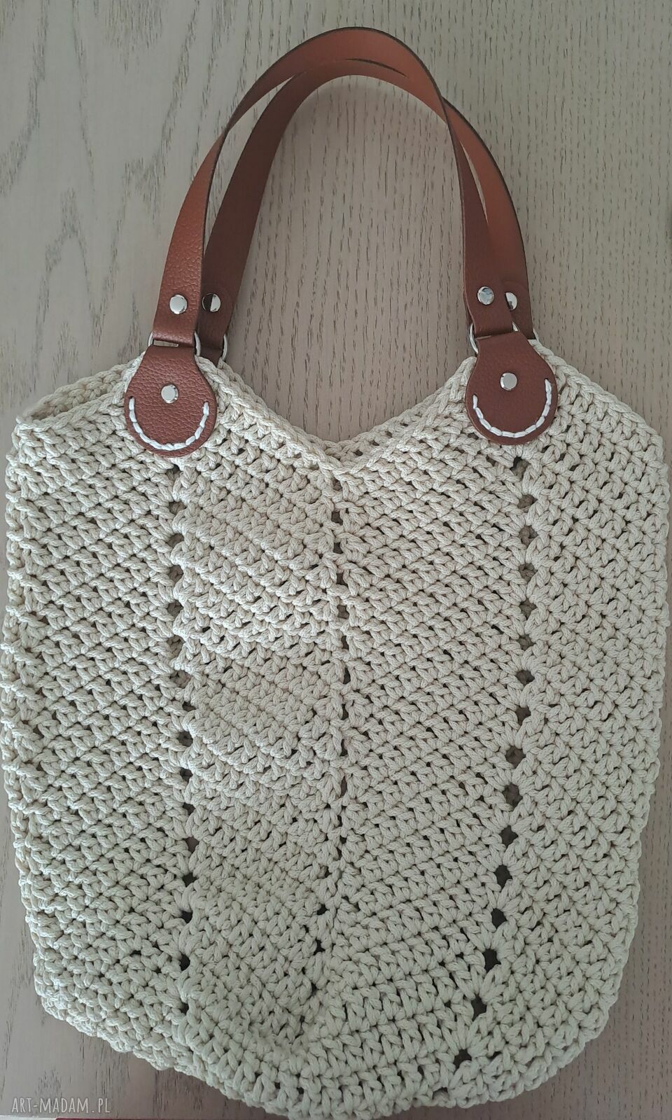 Torba Tulipan handmade do ręki - sznurek poliestrowy i naturalna skóra