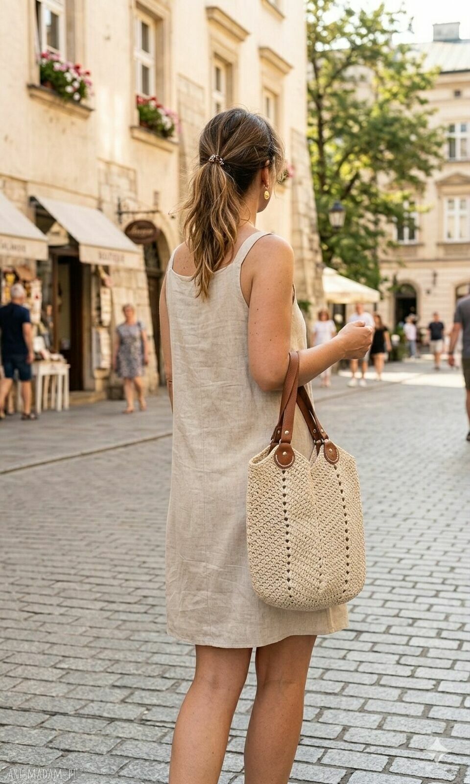 Torba Tulipan handmade do ręki - sznurek poliestrowy i naturalna skóra