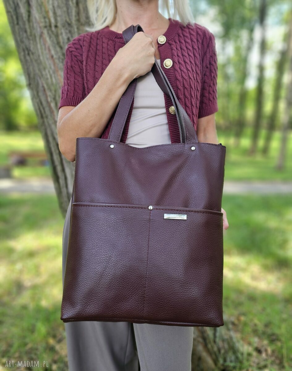 Torba typu shopper w kolorze burgundowym - skóra naturalna