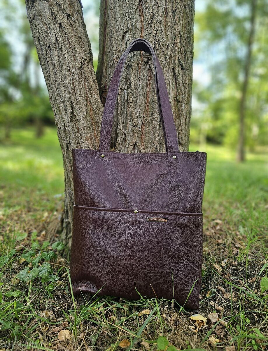 Torba typu shopper w kolorze burgundowym - skóra naturalna