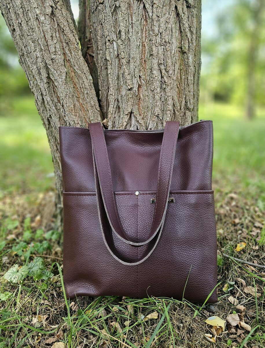 Torba typu shopper w kolorze burgundowym - skóra naturalna