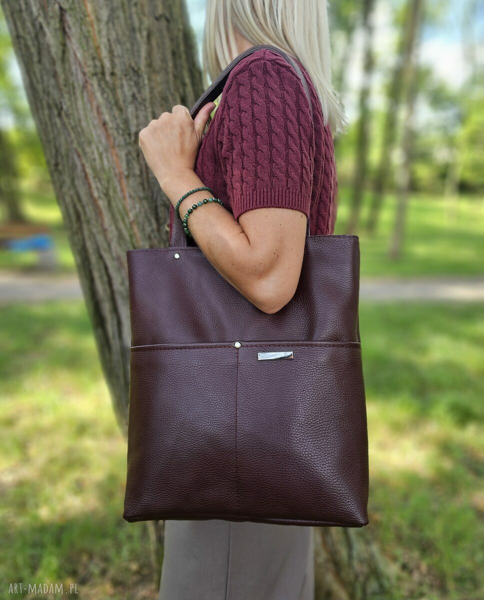 Torba typu shopper w kolorze burgundowym - skóra naturalna