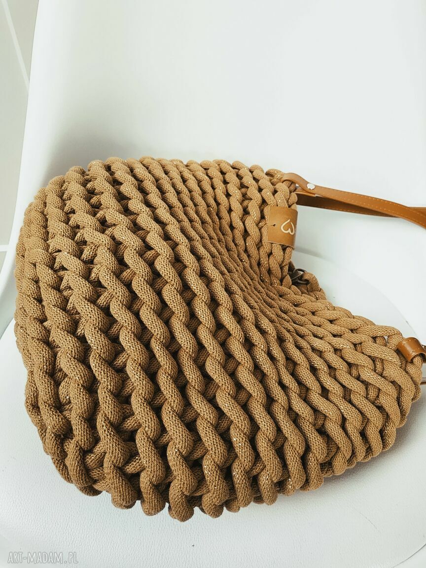 Torba na ramię Boho Weave Bag karmelowa ze złotą nitką - handmade