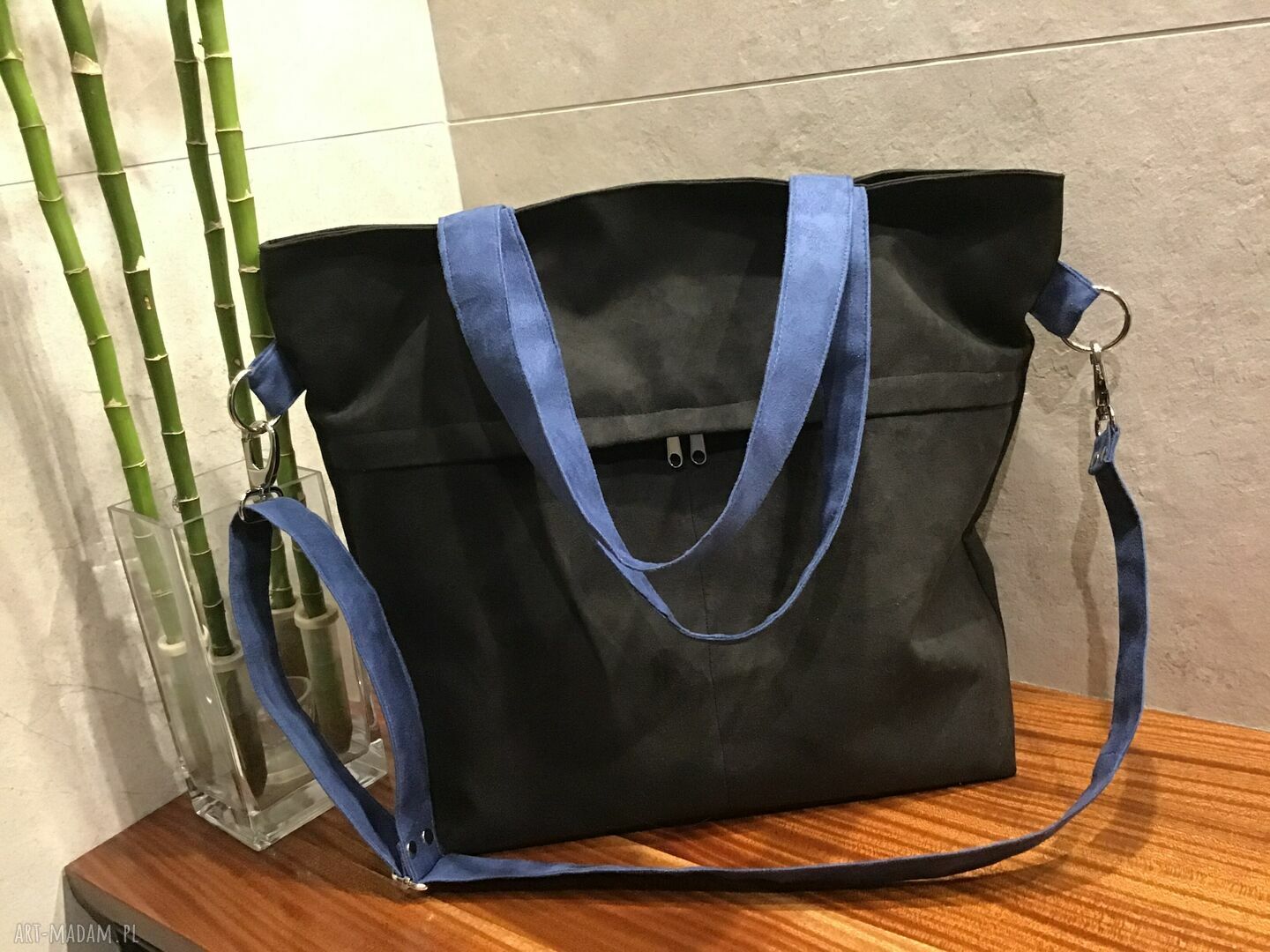 Pojemna torba na ramię shopper - czarny i kobalt