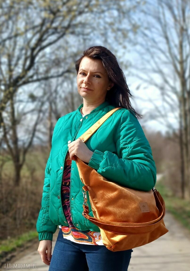 Pomarańczowa welurowa torba worek na ramię - rękodzieło Sabi tatka