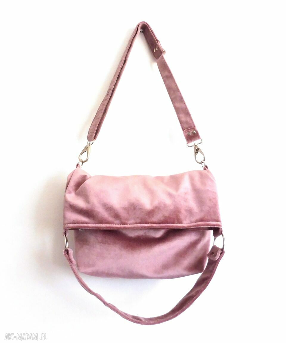 Ręcznie robiona welurowa torba worek Baby Pink na ramię