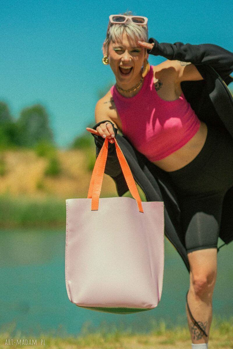 Skórzana torba worek na ramię - torebka plażowa z kieszenią na zamek