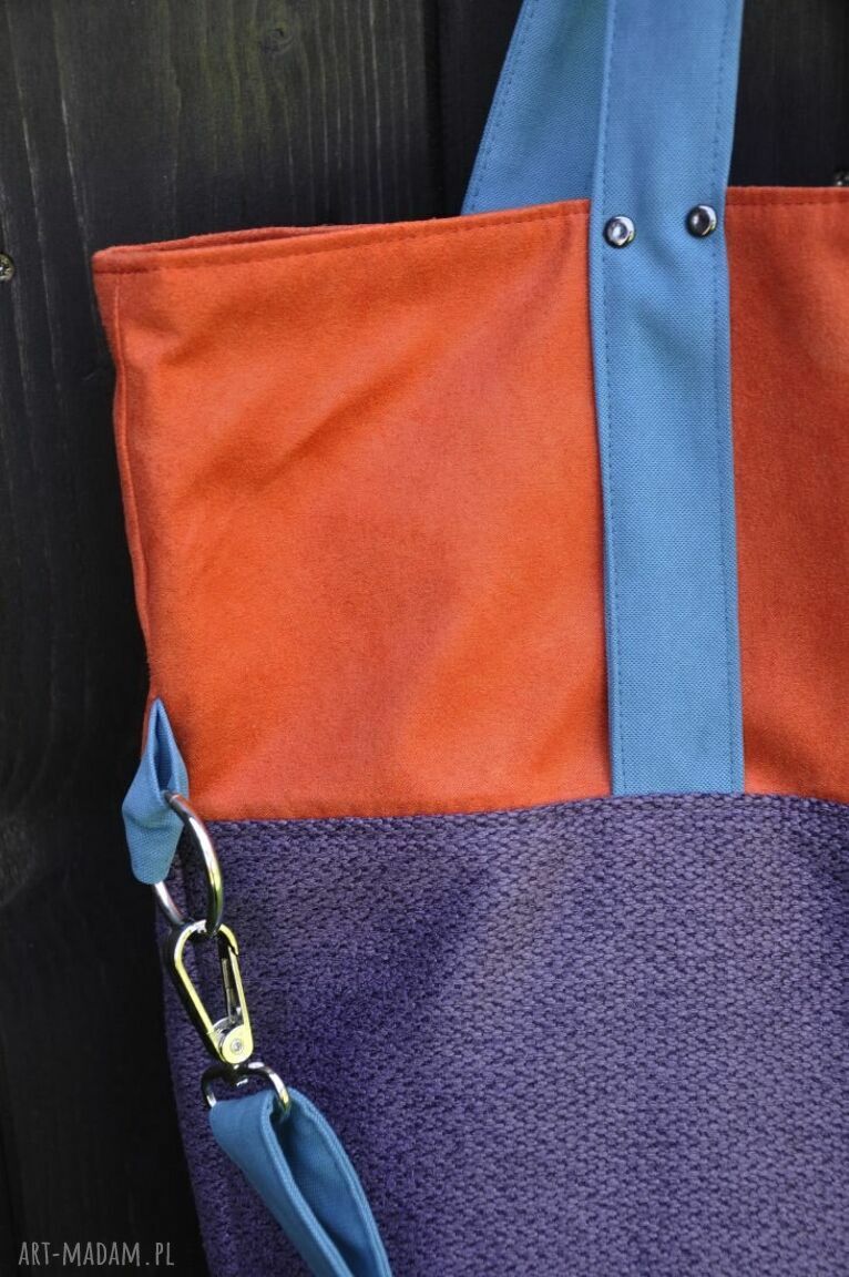 Pojemna torba na ramię color block - pomarańcz, fiolet i turkus (eko zamsz)