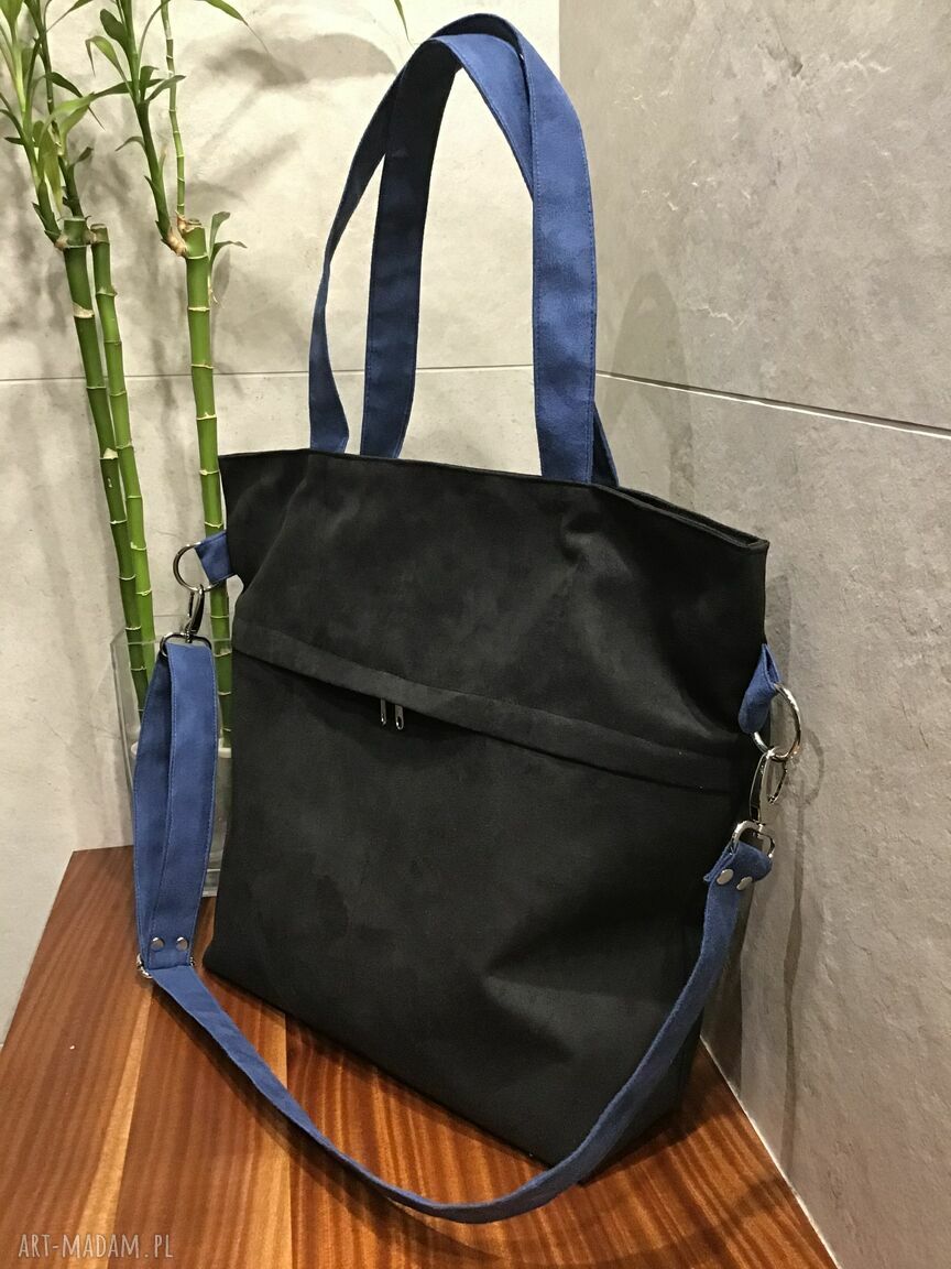 Pojemna torba na ramię shopper - czarny i kobalt