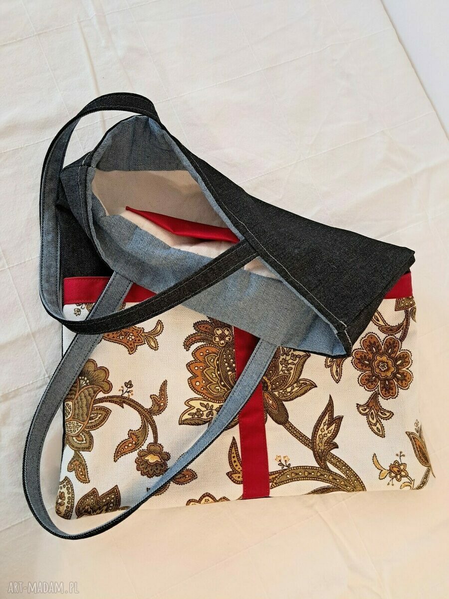 Torba na ramię handmade Bergamota - ozdobne kieszenie w kwiaty vintage i czerwone akcenty