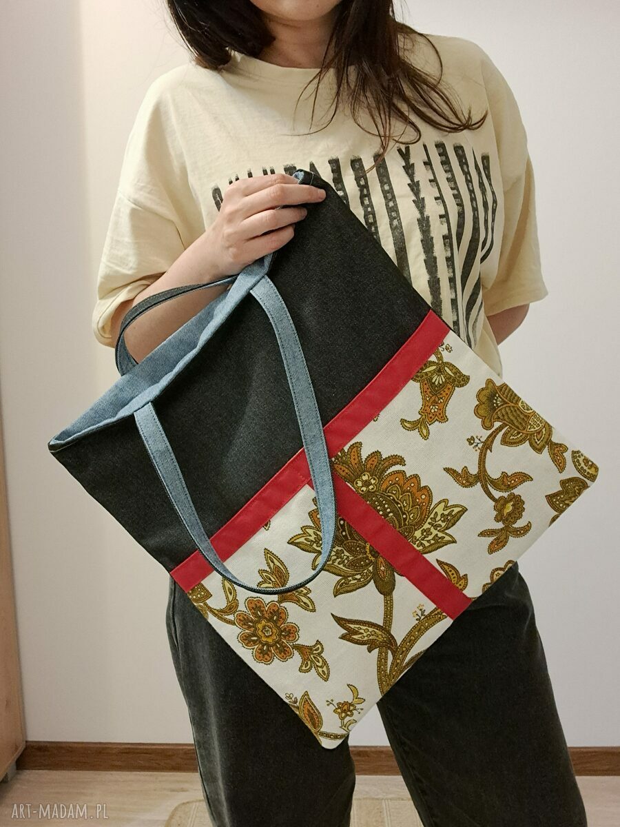 Torba na ramię handmade Bergamota - ozdobne kieszenie w kwiaty vintage i czerwone akcenty