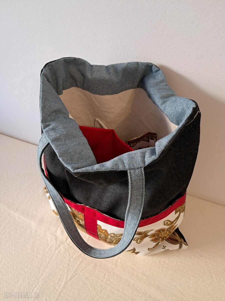Torba na ramię handmade Bergamota - ozdobne kieszenie w kwiaty vintage i czerwone akcenty