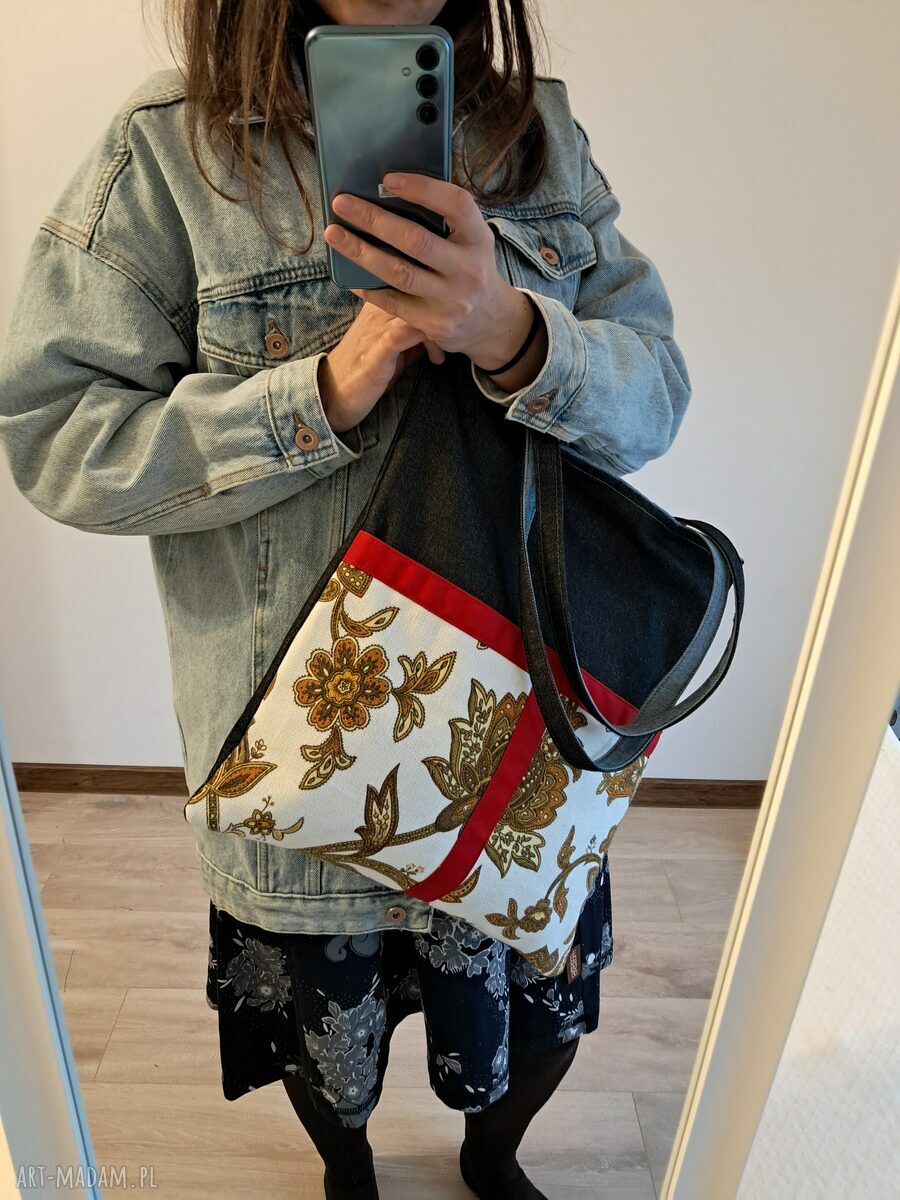 Torba na ramię handmade Bergamota - ozdobne kieszenie w kwiaty vintage i czerwone akcenty