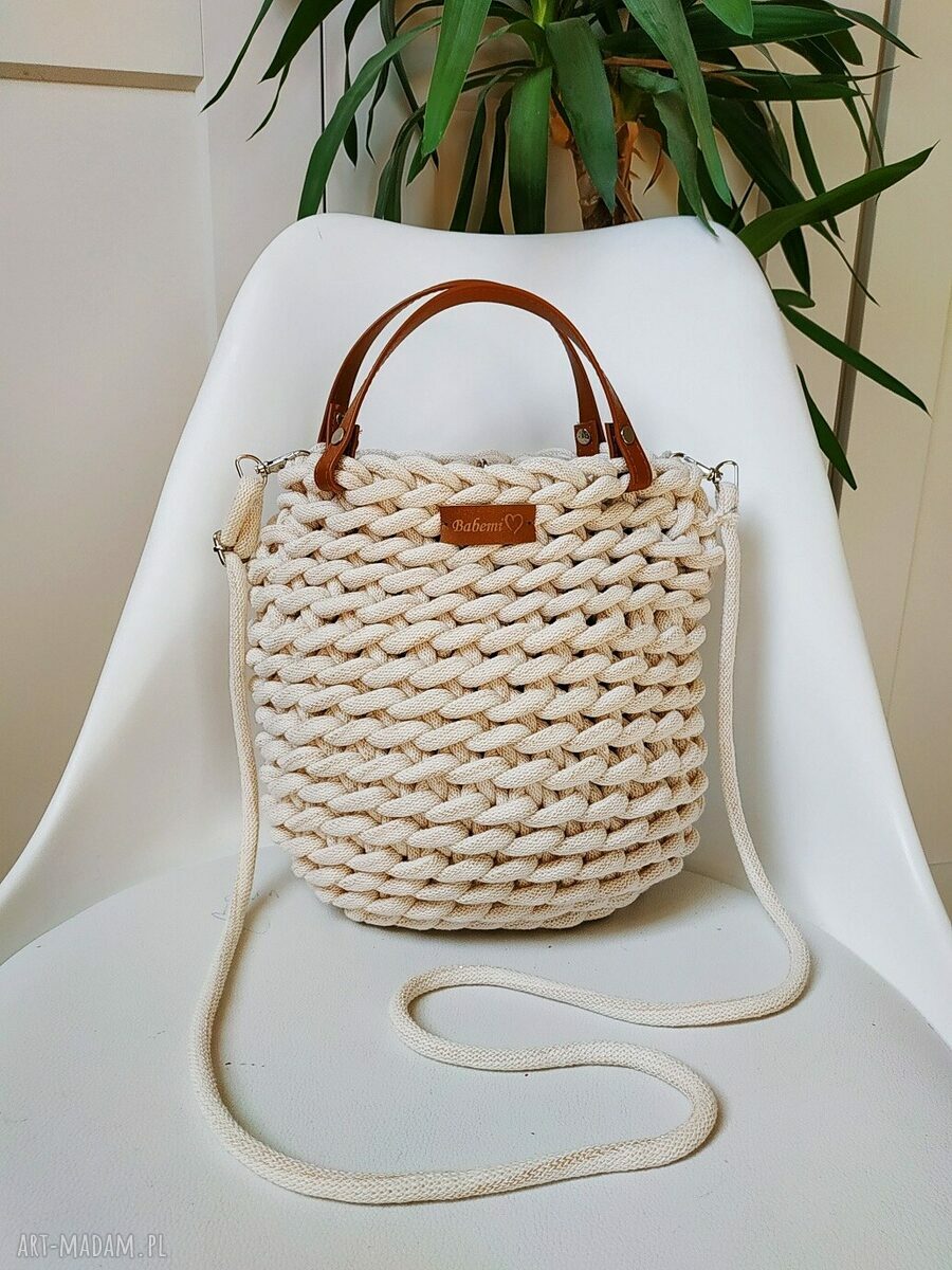 Handmade boho listonoszka ze sznurka bawełnianego ecru - Boho Weave Bag 30 cm