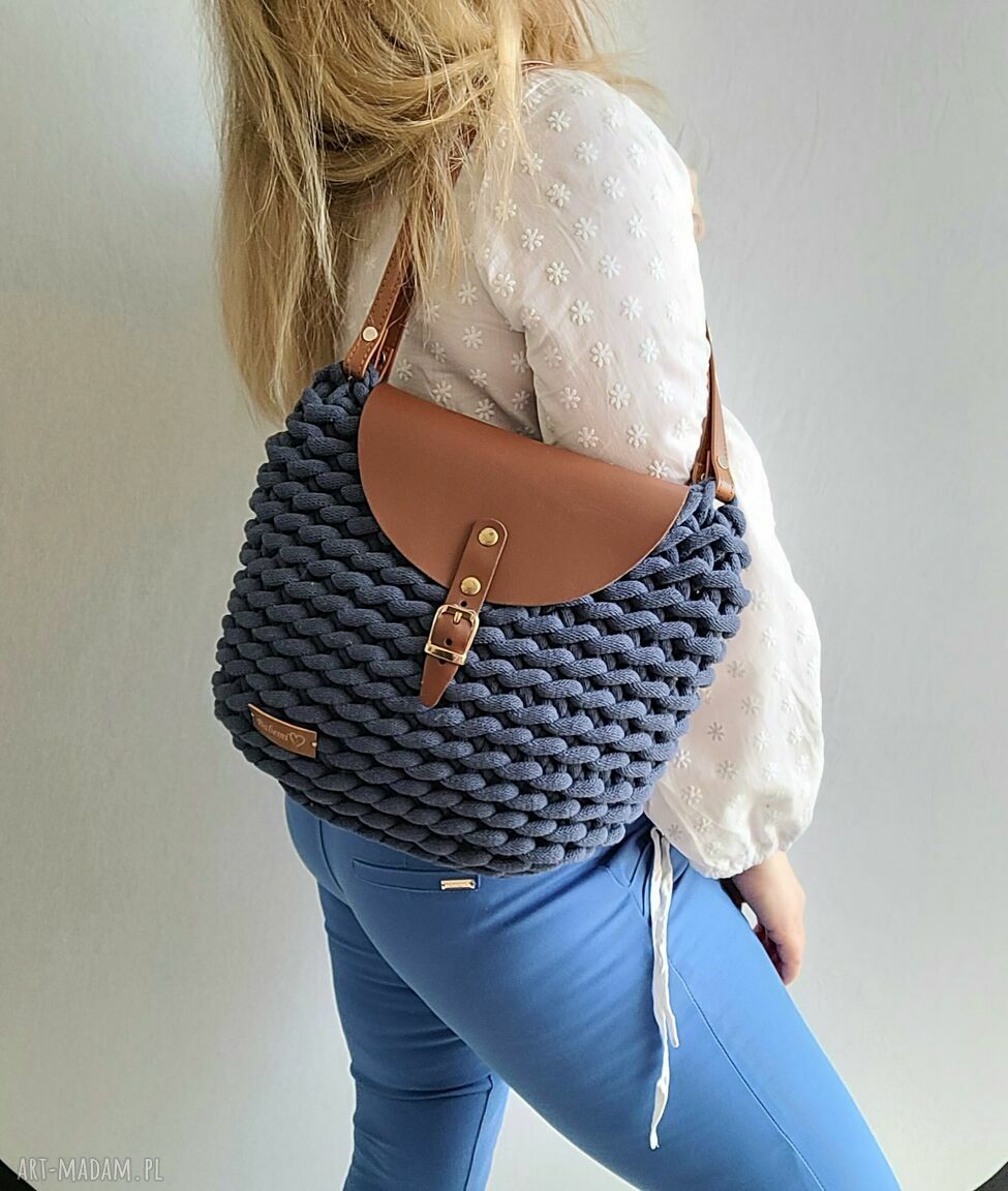 Boho Weave Bag na ramię z klapą - jeans, ręczne wykonanie
