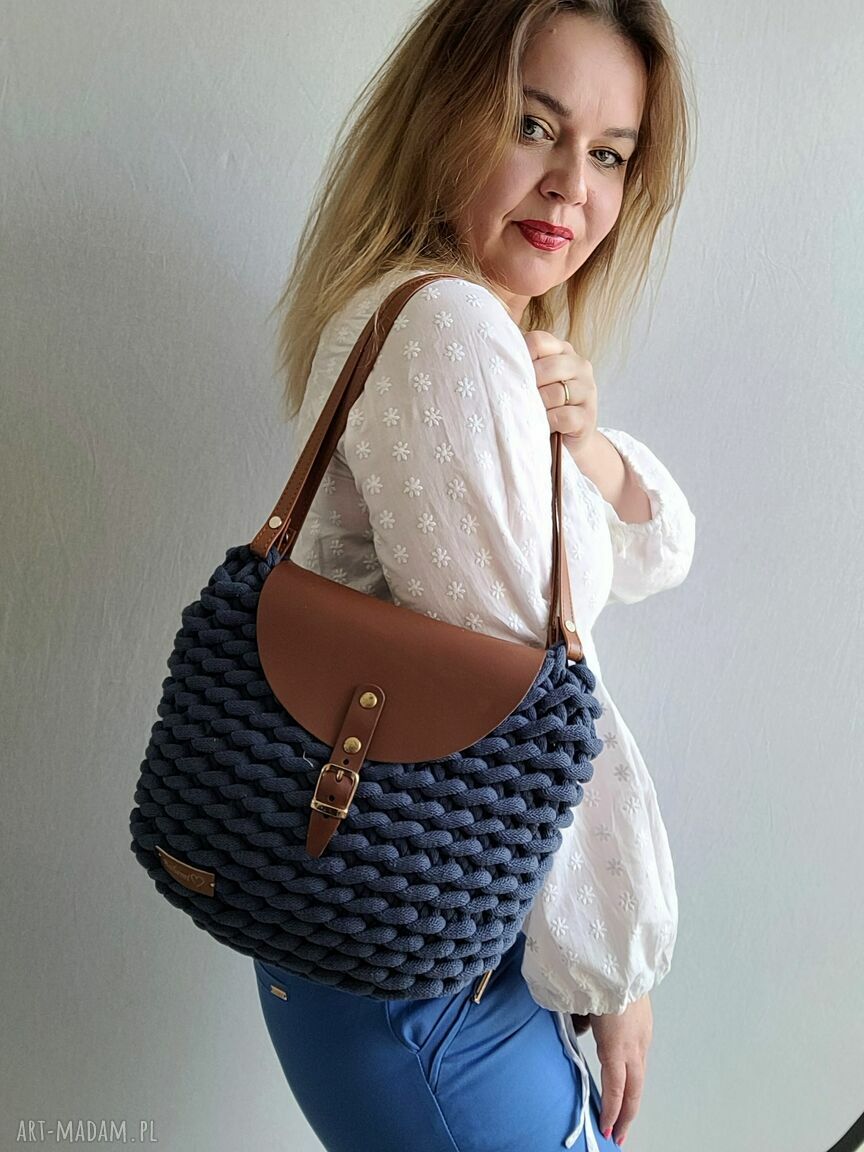 Boho Weave Bag na ramię z klapą - jeans, ręczne wykonanie