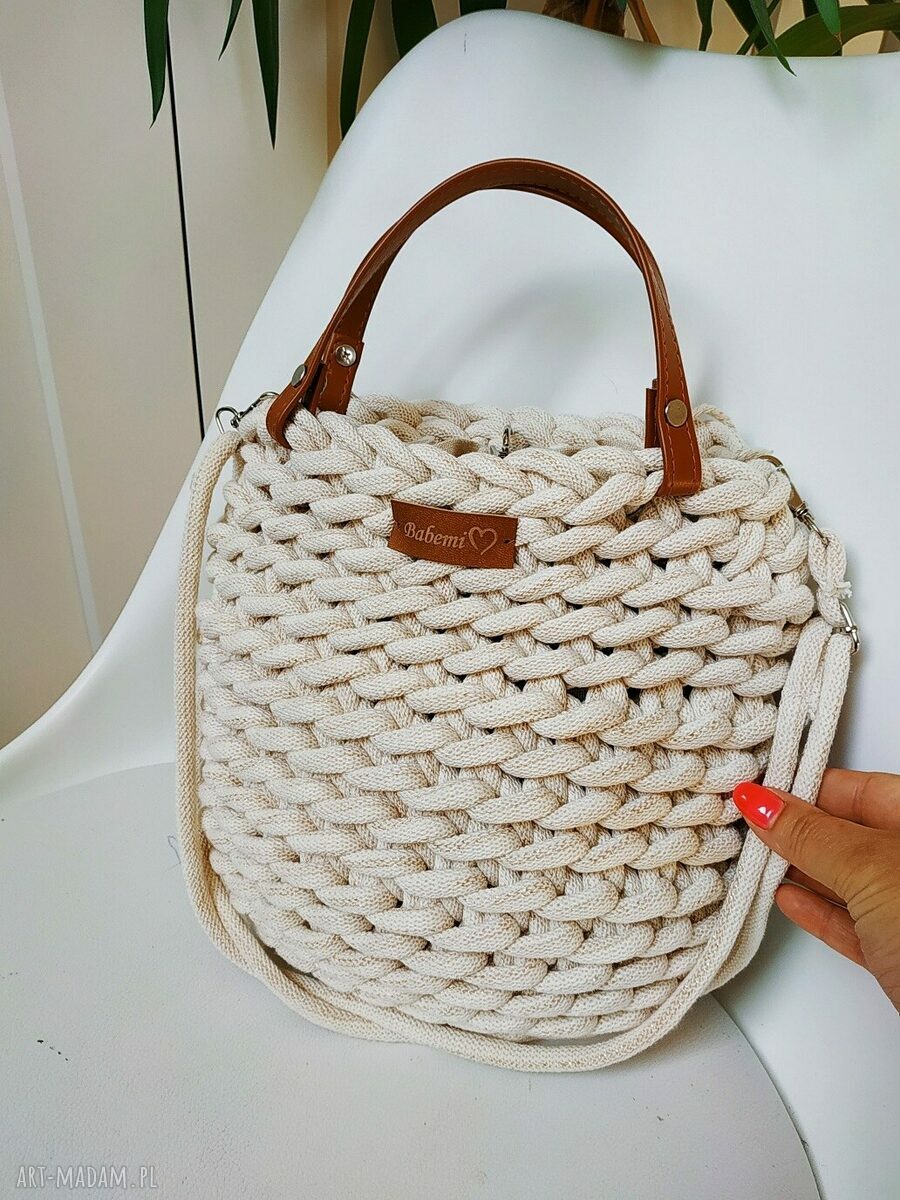 Handmade boho listonoszka ze sznurka bawełnianego ecru - Boho Weave Bag 30 cm