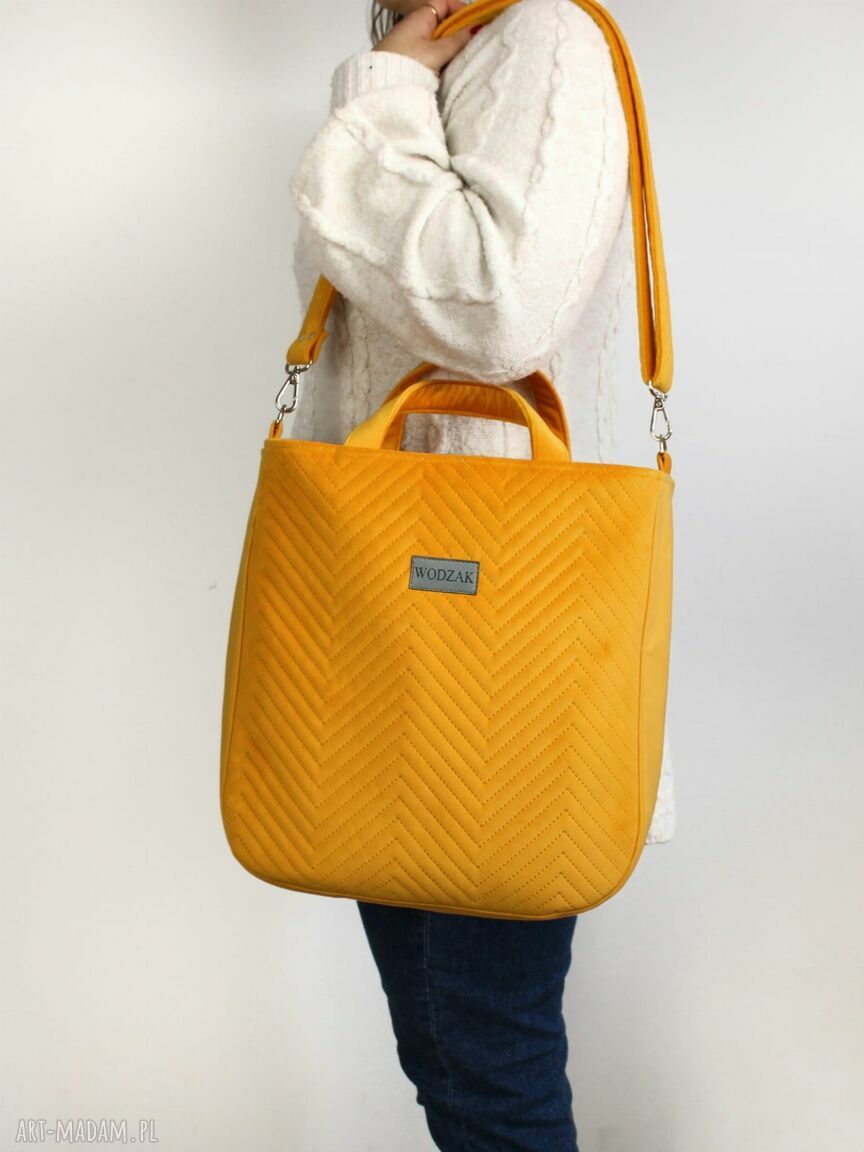 na ramię: Torebka damska Aurora z żółtego weluru Ręcznie wykonane