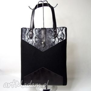 torba zakupowa - filc i skóra - czarny wąż