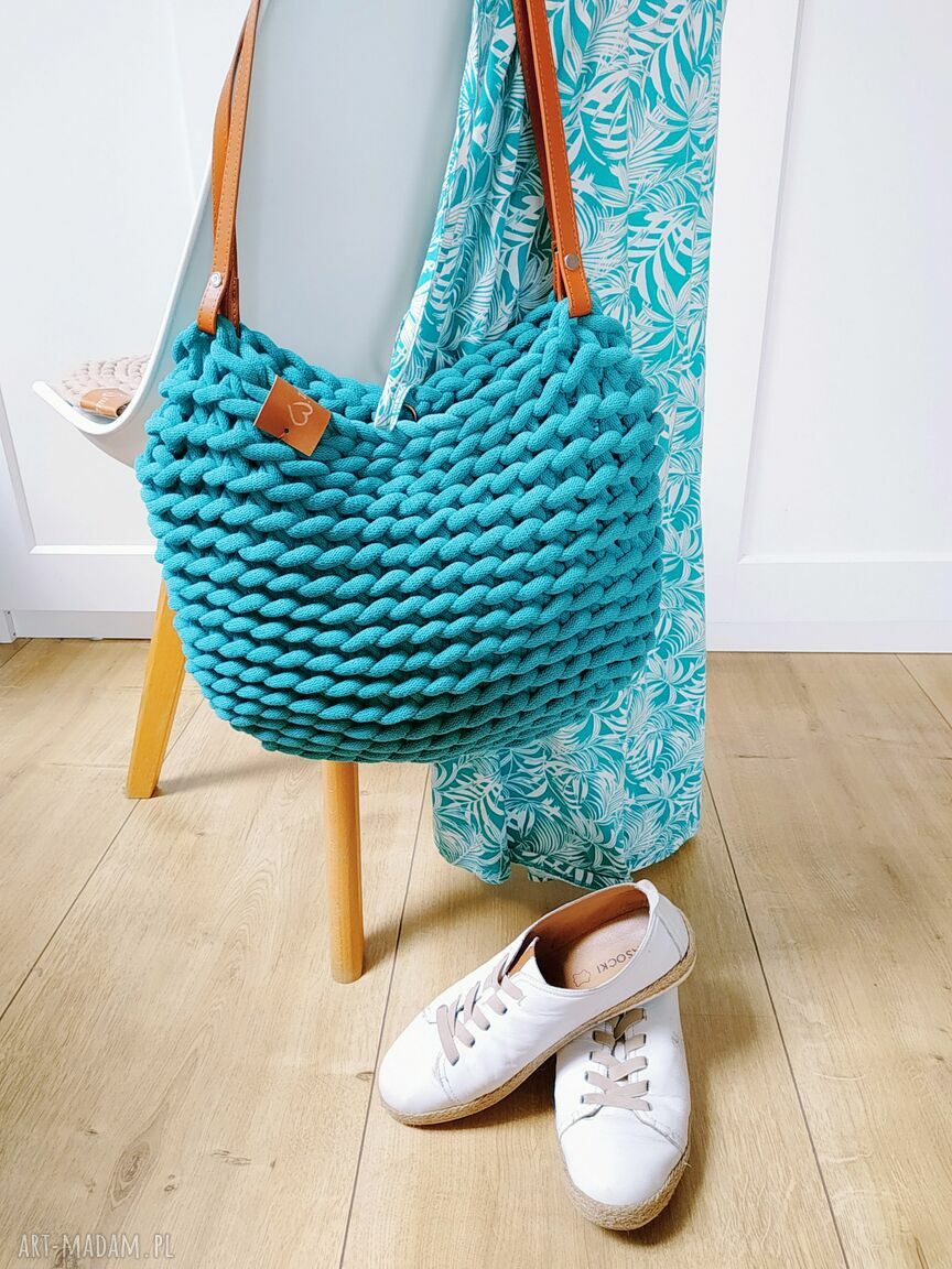 Torba na ramię Boho Weave Bag z sznurka bawełnianego - morski - ręcznie szydełkowana