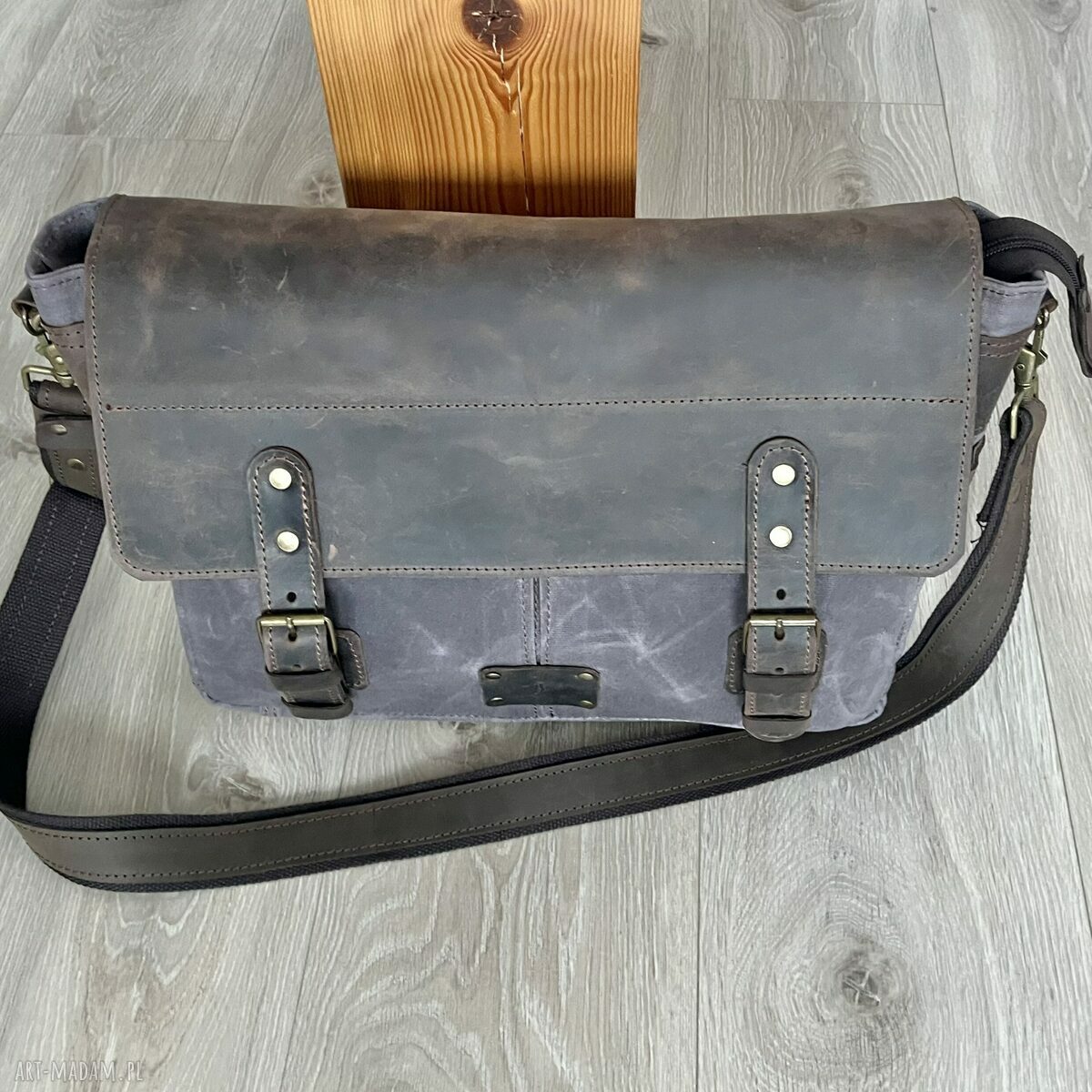 teczki: Torba ze skóry i bawełny. Vintage. Brązowo szara. Ręcznie zrobione
