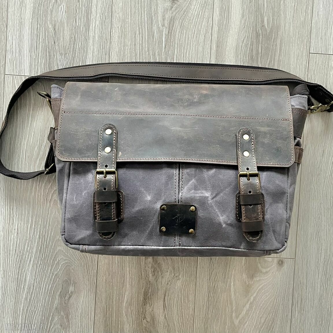 Torba skóry bawełny vintage brązowo szara skórzana teczka ramię