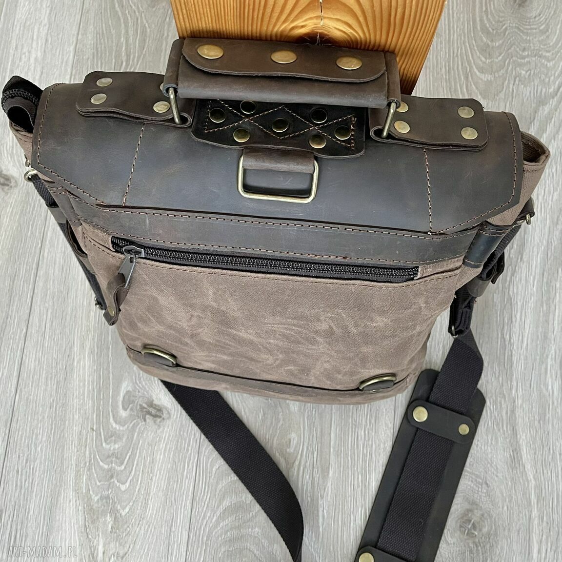 teczki: Torba ze skóry i bawełny woskowanej brązowa vintage. Ręcznie robione