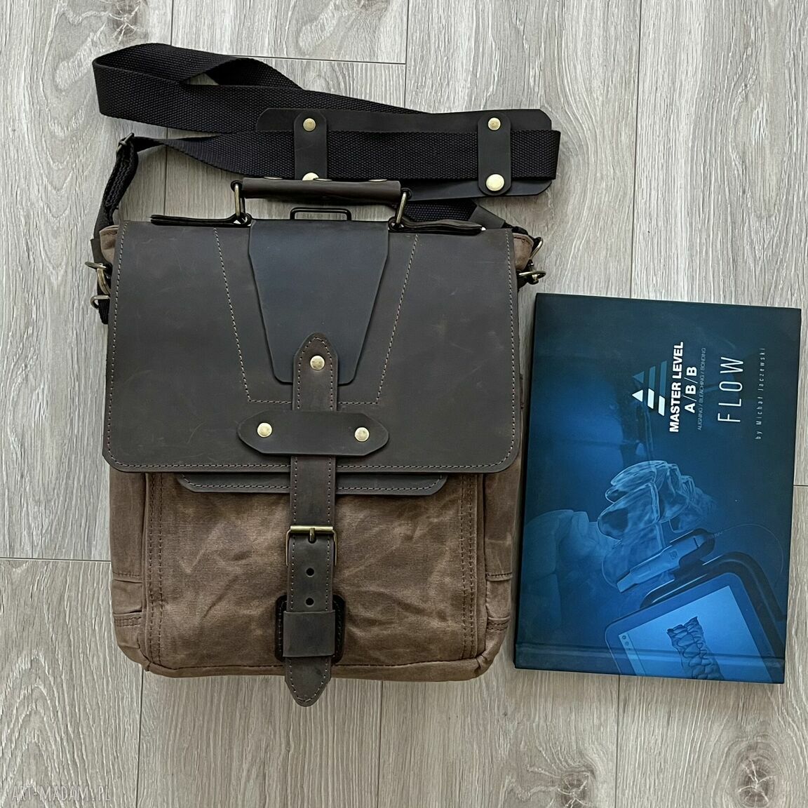 teczki: Torba ze skóry i bawełny woskowanej brązowa vintage. Ręcznie robione