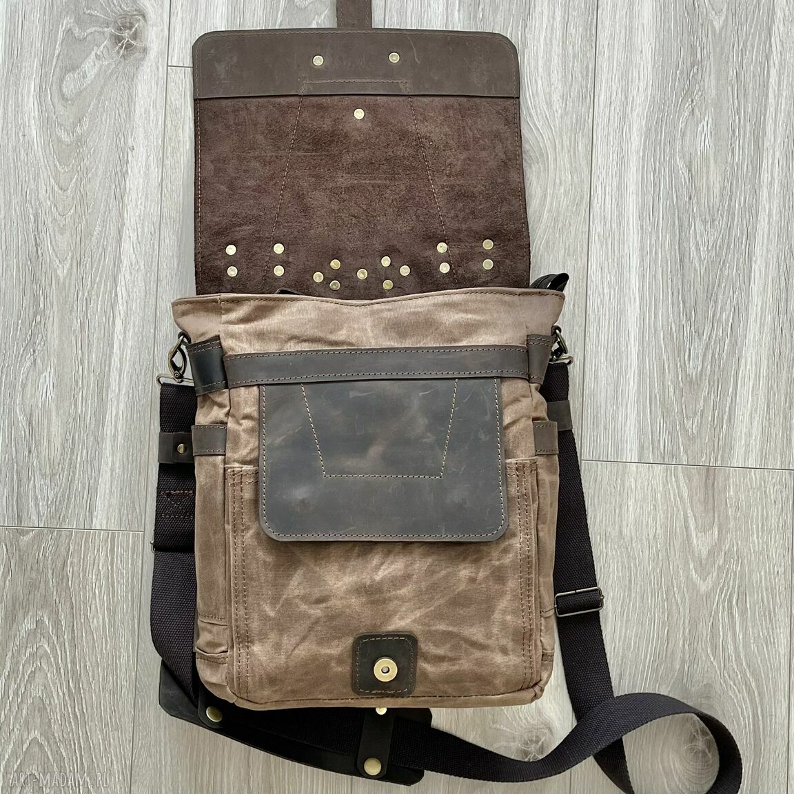 teczki: Torba ze skóry i bawełny woskowanej brązowa vintage. Ręcznie robione