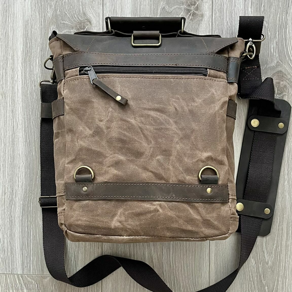 teczki: Torba ze skóry i bawełny woskowanej brązowa vintage. Ręcznie robione