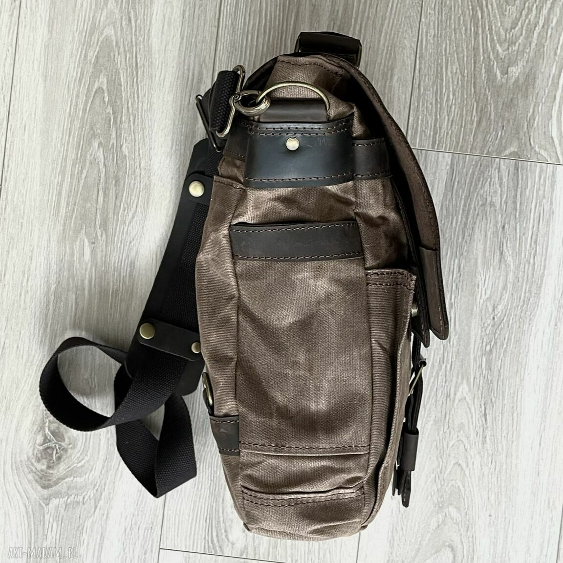 teczki: Torba ze skóry i bawełny woskowanej brązowa vintage. Ręcznie robione