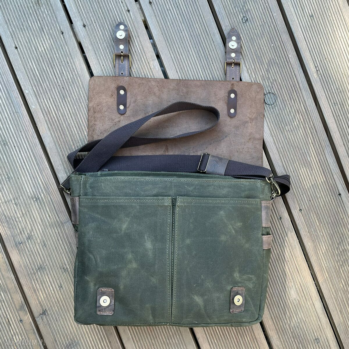 teczki: Torba ze skóry i bawełny woskowanej Wax Cotton Vintage. Brązowo zielona khaki