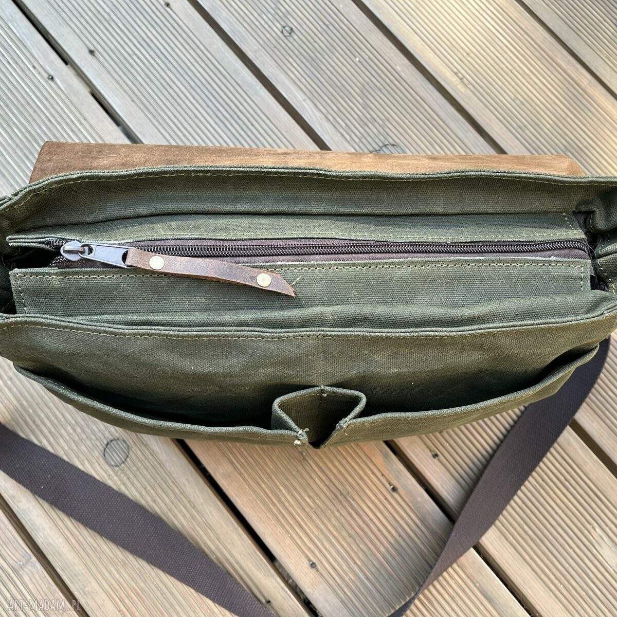 teczki: Torba ze skóry i bawełny woskowanej Wax Cotton Vintage. Brązowo zielona khaki