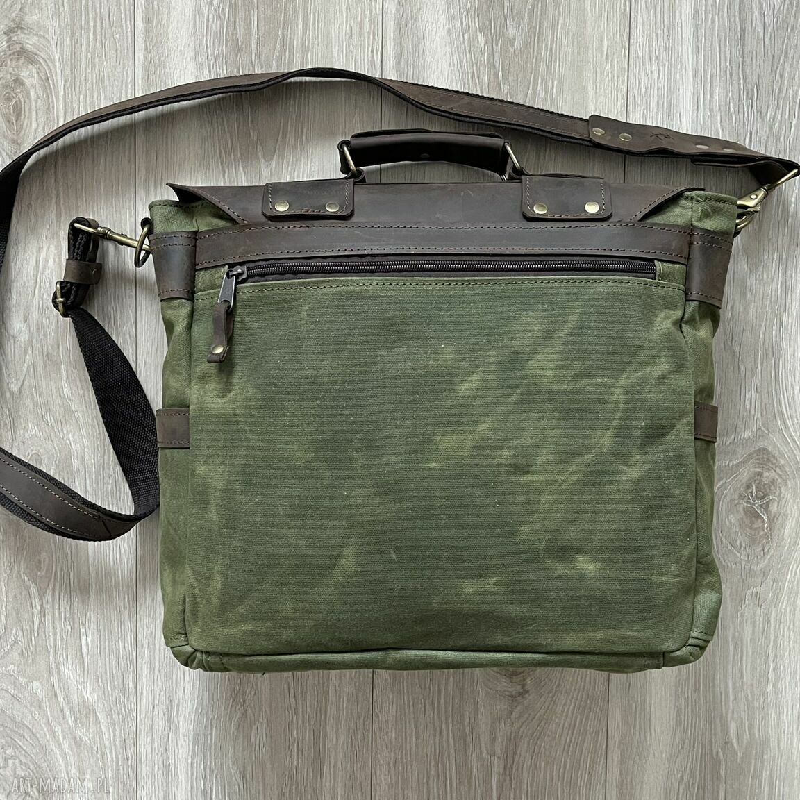 teczki: Torba ze skóry i bawełny woskowanej zielona vintage Ręcznie zrobione