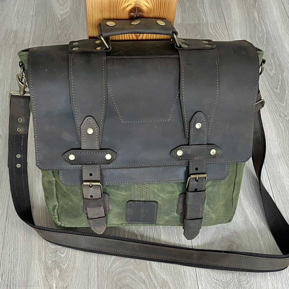 teczki: Torba ze skóry i bawełny woskowanej zielona vintage Ręcznie zrobione